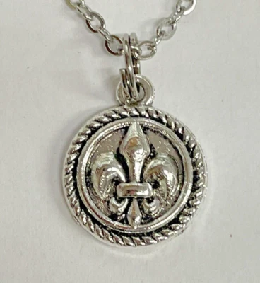 Fleur De Lis Charm Round Dainty NECKLACE French 20” Stainlessa Jewelry NEW - Image 1 of 4