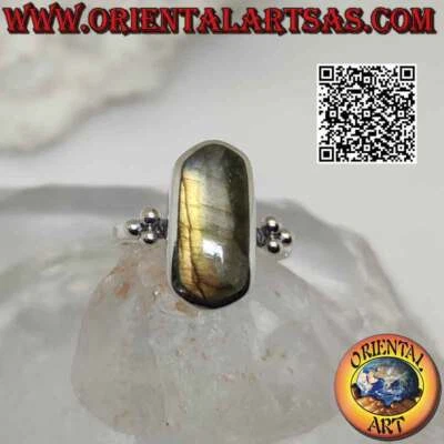 Anello in argento 925 ‰ labradorite esagonale allungata su montatura liscia con - Immagine 1 di 4