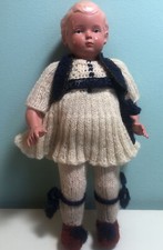 Celluloid Doll 7.5 " Tall Turtle Mark Crocheted Outfit