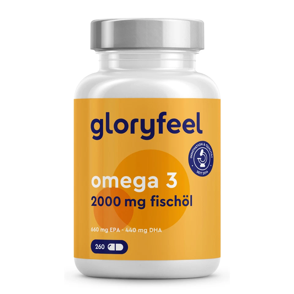 GLORYFEEL Omega 3 Kapseln - 2000mg Fischöl - Mit 660mg EPA & 440mg DHA - Triglycerid Form