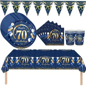Blue 70th birthday party tablecloth plates napkins foil banner party decoration - Picture 1 of 16