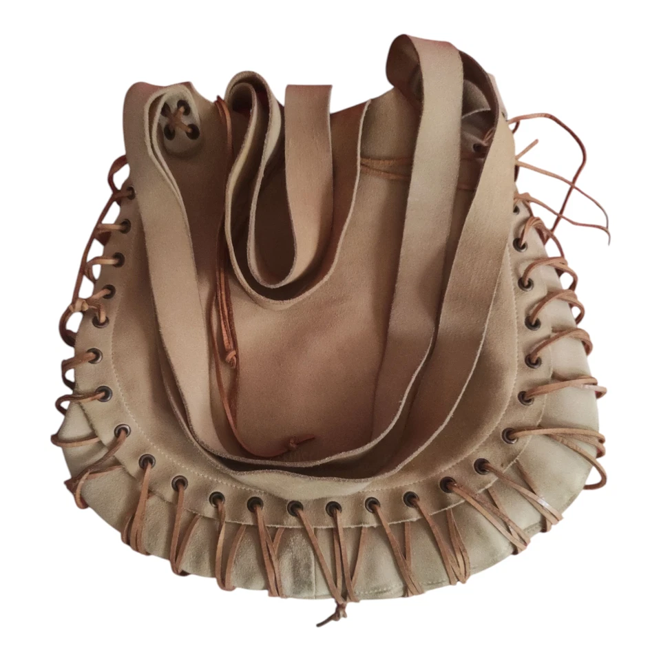 Bolso de Hombro Moschino Jeans Gamuza Cuero Flecos Hobo Tostado Beige Hecho en Italia Foto 1 de 4