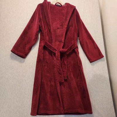 Bath Body Works Hooded Long Wrap Robe S/M Dark Red Plush Fleece Belted - Image 1 of 4