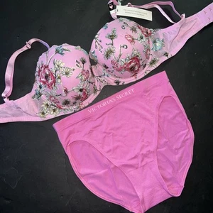 Victoria's Secret 32DD,34B,32DDD,34DDD BRA SET S panty PINK teal floral appliqué - Picture 1 of 3