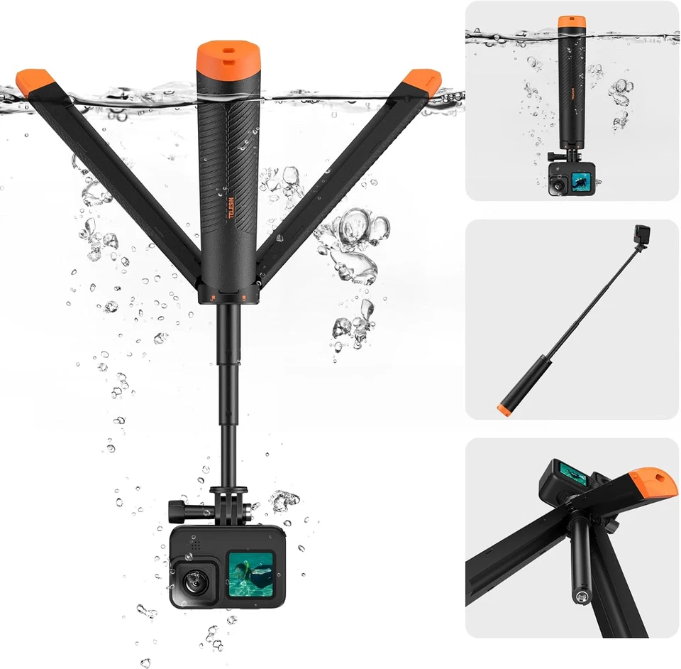 TELESIN 4 in 1 Selfie Stick Floating Hand Grip Tripod Waterproof Extendable Sel