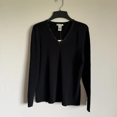 Blusa Top Tejida Laura Ashley Negra Manga 3/4 Cuentas Escote Borde M Nueva con Etiquetas Foto 1 de 4