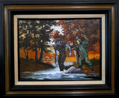 Ron Brannon's Boggy Creek Monster Vs. Jason Thrift Store Painting - Image 1 of 4