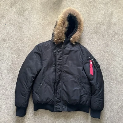 Alpha Industries Fur Hood Vintage Black Medium Size Bomber Jacket Men's - Image 1 of 4