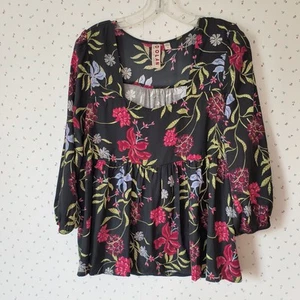 Dolan Antthropologie Top Size M Black Floral Babydoll Y2K Blouse Hi Lo Peplum - Picture 1 of 14