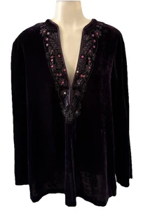 Chicos Purple Velvet Tunic Top SZ L  Embroidered Beaded Sequin Beautiful - Picture 1 of 14