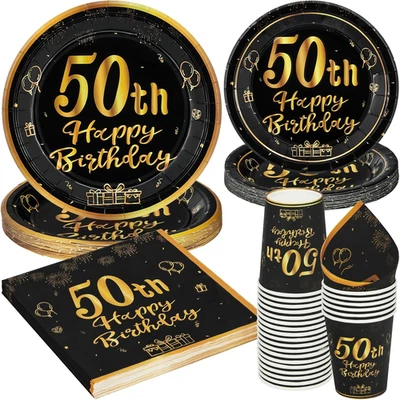 Set Di 96 Piatti Di Carta per Feste Di Compleanno 50° - Colore Nero E Oro - Deco - Immagine 1 di 4