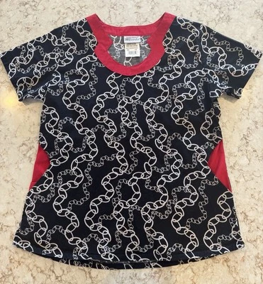 Women’s UA Scrubs Chain Pattern Unique Collar Scrub Top Size Large Black/Red - Image 1 of 4