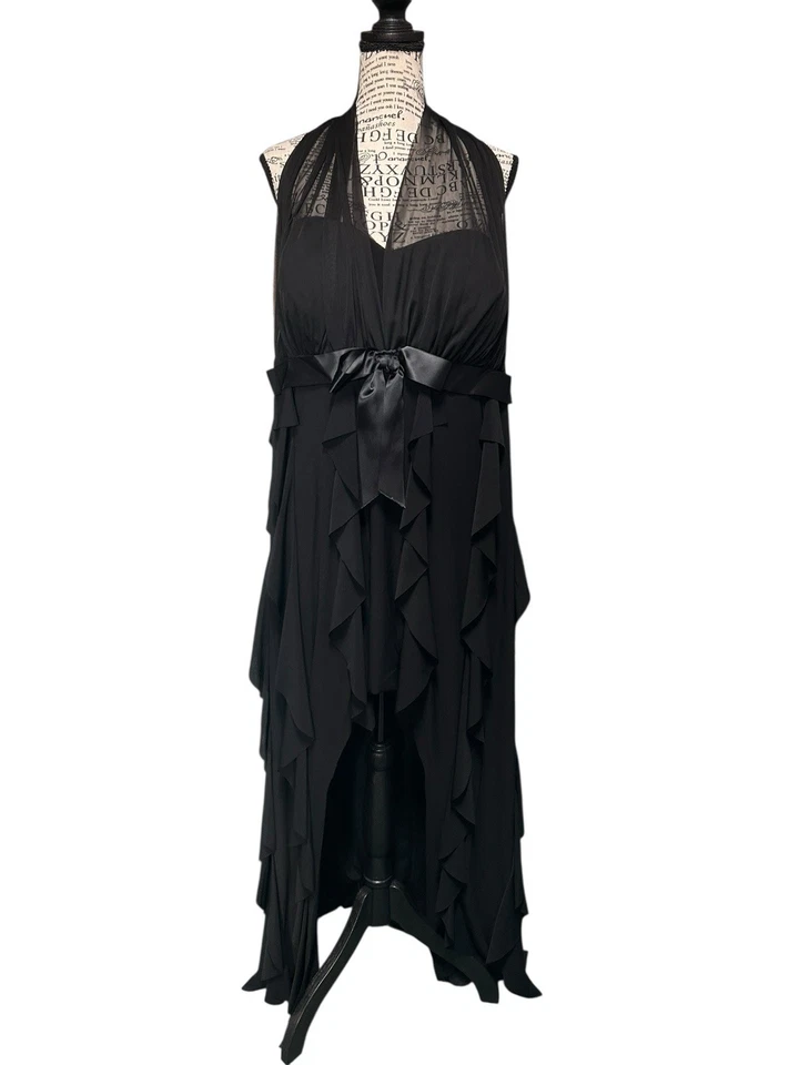 复古 90 年代 y2k 黑色长裙 18W 荷叶边蝴蝶结仙女垃圾奇思戈斯礼服 — 第 1/4 张图片