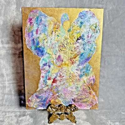 Pintura Abstracta Original Ángel Arte 3D Dimensional Alas Guardianes Dorado 9x12 Foto 1 de 4