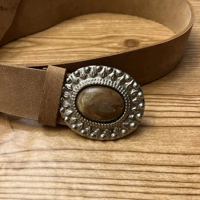 Cinturón de cuero brasileño con hebilla de piedra de ágata tono plateado 5 orificios ajuste talla M #5680 Foto 1 de 4