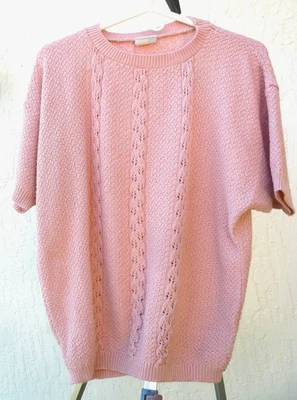 VTG HABAND FOR HER MAUVE PINK CABLE KNIT TRIM SWEATER SHORT SLEEVE XL PLUS 1X - Image 1 of 4