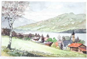 c1930 Tegernsee St. Quirin Alpen Kauschke Signiertes Original-Aquarell - Bild 1 von 1