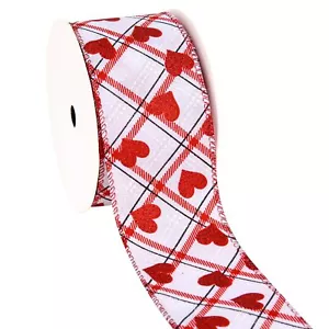 2.5'' x 10 Yard Valentine's Day Wired Edge Ribbon White and Red Printed Heart... - Picture 1 of 5