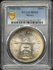 1980 Mo MEXICO Silver ONZA PCGS MS-63 Rainbow Toning - Picture 1 of 2