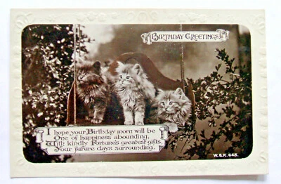 Postcard - BIRTHDAY KITTENS ON A SWING, WILDT & KRAY 645 RP - (DNS1-22) - Image 1 of 2