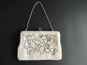 Vintage White Beaded Purse Bag Clutch Chain Strap Metal Frame Clasp Japan - Picture 1 of 7