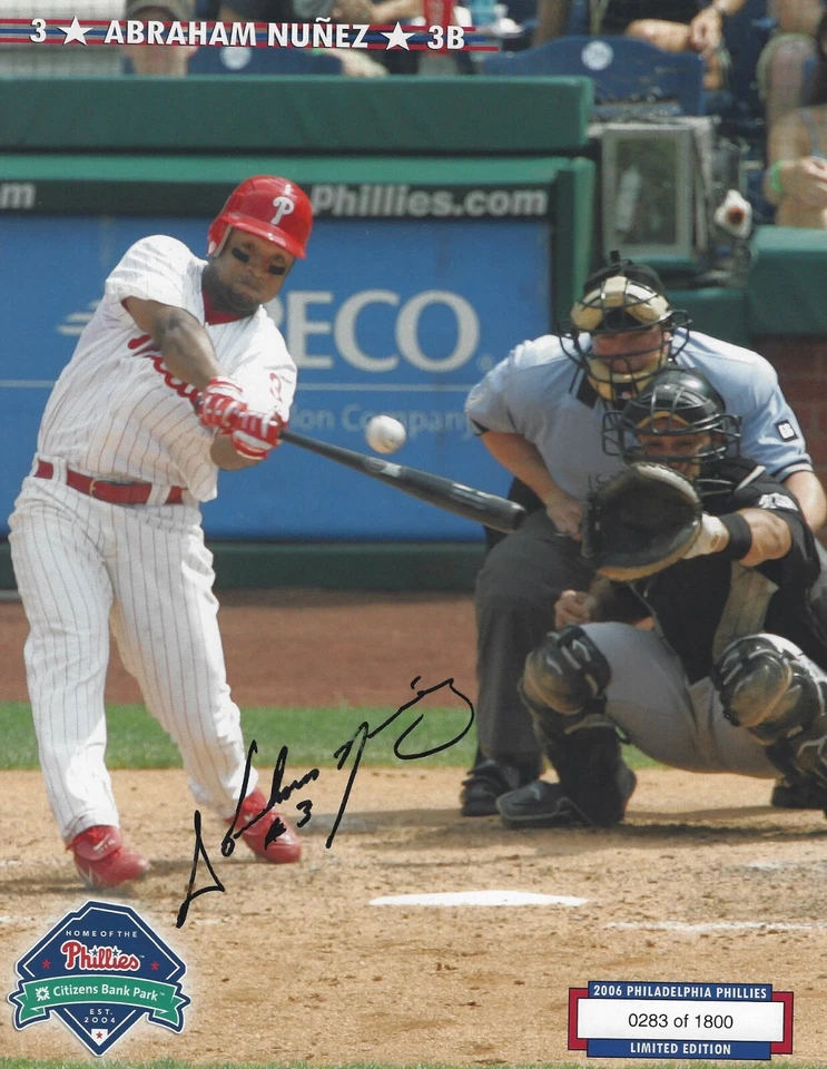 Foto Phan firmada autografiada por Abraham Núñez 8x10 MLB Phillies - ¡LIMITADA! - con certificado de autenticidad Foto 1 de 1