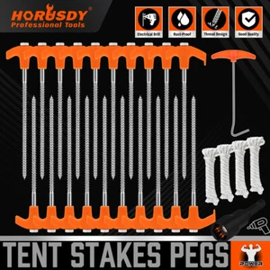 26PC Tent Stakes Pegs Camping Outdoor Steel Metal Nail 4x13FT Rope T Pull Hook - Picture 1 of 10