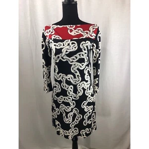 DIANE VON FURSTENBERG -VINTAGE-Women’s Chainlink Red & Navy Blue Silk Dress Sz 4 - Picture 1 of 7