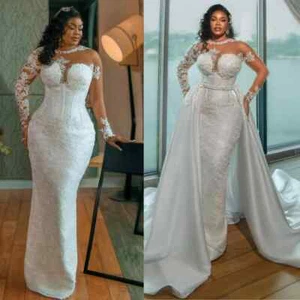 Luxury Beaded Mermaid Wedding Dresses Illusion Neck Detachable Train Bridal Gown - Picture 1 of 10