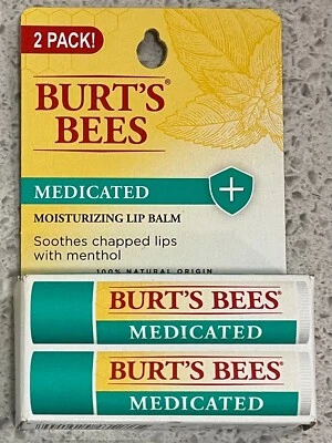 2- PACK Burt's Bees NEW Medicated Moisturizing Menthol Lip Balm chapped lips - Image 1 of 4