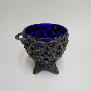 Detachable Cobalt Glass and Pewter Bowl with Handle - Picture 1 of 10