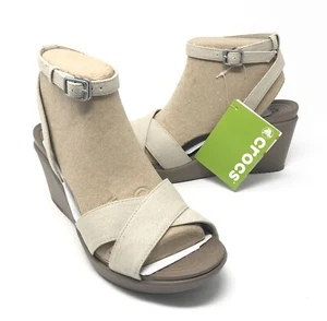 Crocs Leigh II CrossStrap Ankle Wedge Sandal Size 11 Oatmeal/Mushroom NEW - Picture 1 of 4
