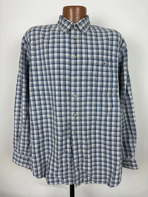 Vintage 90s Trader Bay Oxford Shirt Men Large Gray Blue Plaid Long Sleeve Heavy - Image 1 of 4