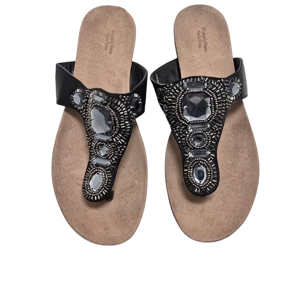 Simply Vera Vera Wang Womens Black Leather Embellished Thong Sandals Size 7 Med - Image 1 of 4