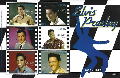 Hoja de recuerdo de estampillas de 90 centavos de Tuvalu de Elvis Presley 6 estampillas 2007 90c TUV0711 30º Foto 1 de 4