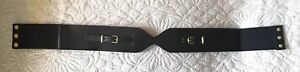 Tory Burch New Black Leather Gold Buckle Stretch Canvas Belt Size Small 27.75”