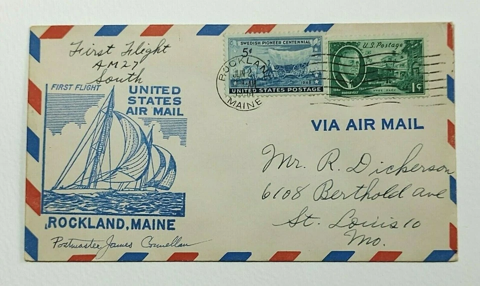 1950 FDC 6 Cents First Flight Rockland Maine to Bangor Maine Postmaster Signed 2 - Image 1 of 2
