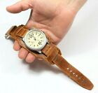  Brown leather watch band, Retro bund strap, Custom cuff pad 18mm 20mm 22mm 24mm