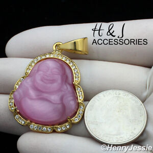 WOMEN Stainless Steel Brushed Pink Rhinestone Gold Plated Buddha Pendant*AG117