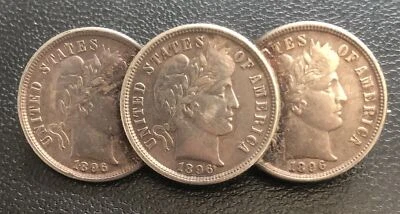 Брошь с 3 x 1896 Барбер десятицентовик 10c высокого класса #37839 - Изображение 1 из 2