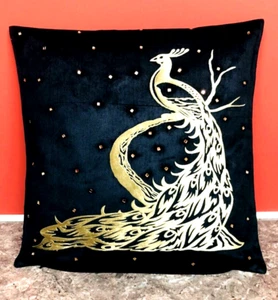 Black & Gold Velvet With Crystal Stone Peacock Decorative Pillow Throw Cover 17” - Picture 1 of 5