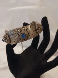 Vintage Gothic Bangle Bracelet w/raised Blue Cabs & Etched Design Silver Tone - Picture 1 of 11