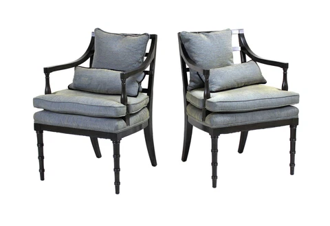 Vintage Pair Regency Armchairs Faux Bamboo Legs Lattice Backs Upholstered Seats Cover