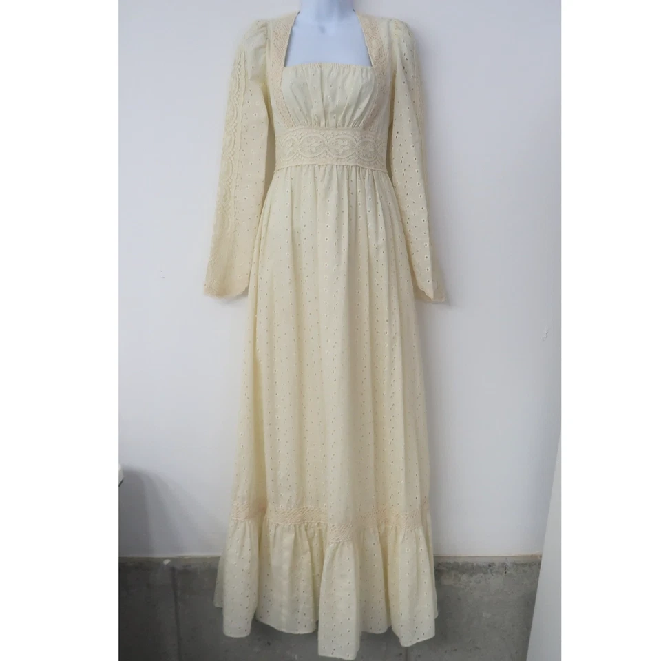 Maxi Vestido Vintage Años 70 Gunne Sax Prairie Cottagecore Pequeño 4-6 Marfil Encaje Foto 1 de 4