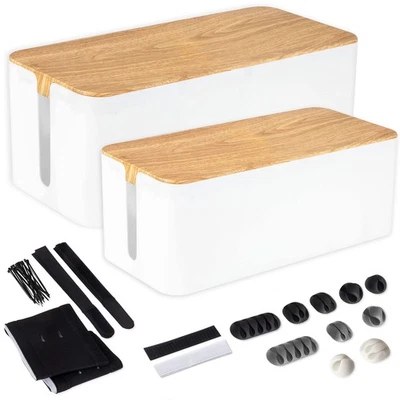 Cable Management Box, 2 Pack - White Cord Organizer with Wood Top - Image 1 of 4
