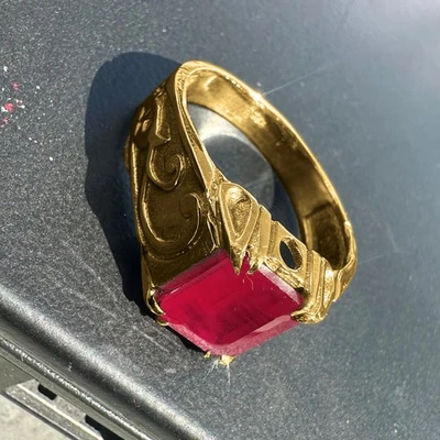 14K Yellow Gold Plated Ruby Gemstone Handmade Ring for Men's 925 Silver Ring Foto 1 de 4