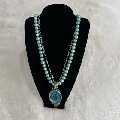 Mars & Valentine Necklace Sterling Silver Blue Green Pearl Pendant 18" NS2113 - Image 1 of 4