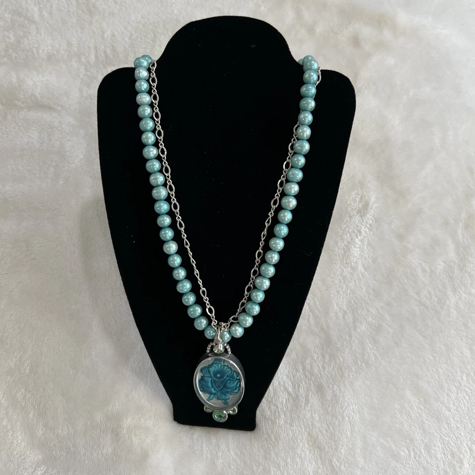 Mars & Valentine Necklace Sterling Silver Blue Green Pearl Pendant 18" NS2113 - Image 1 of 4