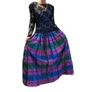 VINTAGE DESIGNER Sequin Lace Ball Gown, Mignon Ann Marie Gabalis Blue Plaid - Picture 1 of 16