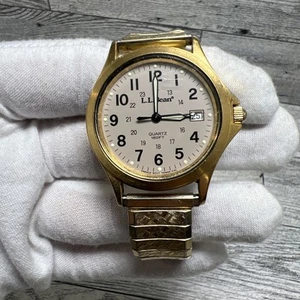 LL Bean Watch Men 34mm Gray Dial Gold Tone Date Round Vintage NEW BATTERY - Picture 1 of 24